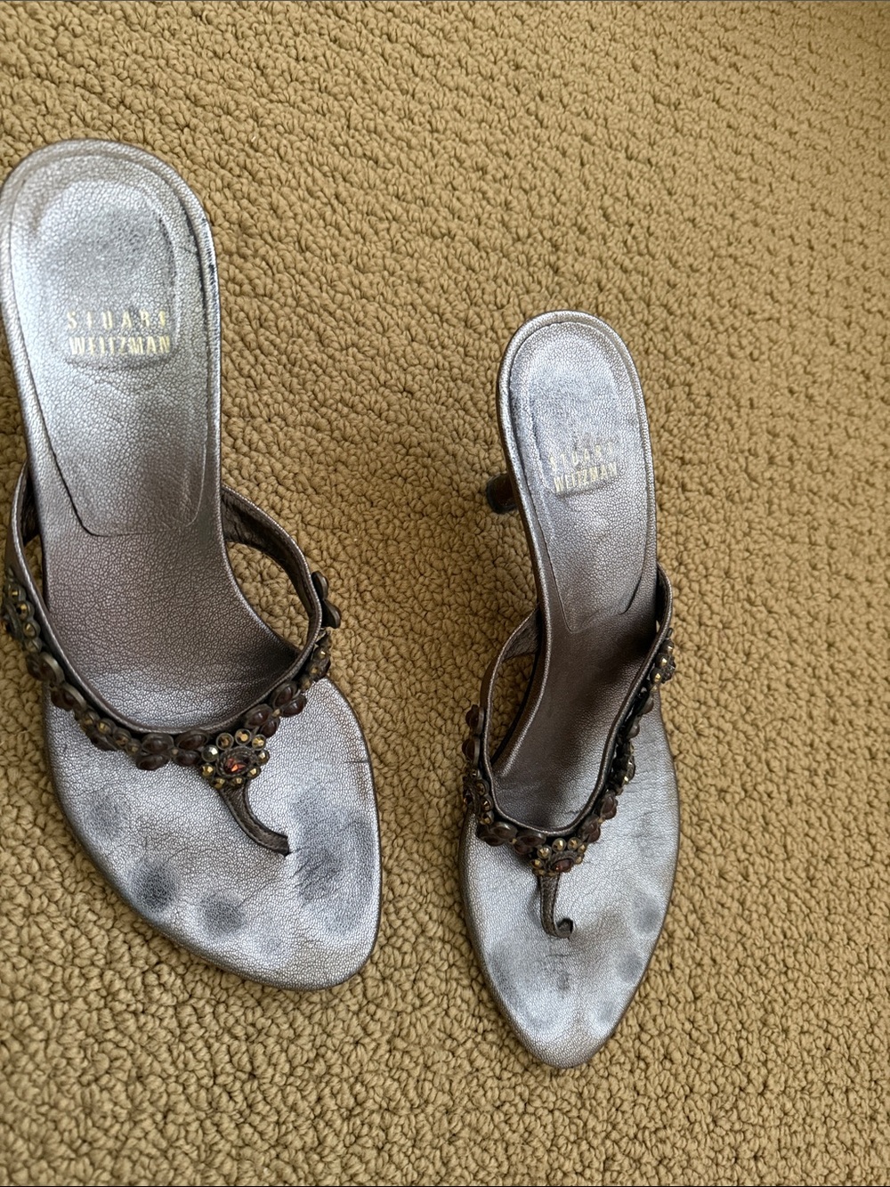 Stuart Weitzman Silver Jeweled Thong Mules